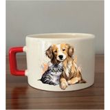 Kedi ve Köpek Temalı Fincan Kupa Bardak - Seramik Çay, Kahve Hediyelik Bardağı - Krem - 1 Adet