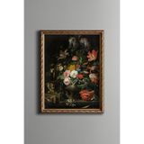 Kedili Çiçek Kompozisyonu - Vintage Desenli Çerçeve - İnce Model, Altın2, 15 x 21