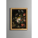 Kedili Çiçek Kompozisyonu - Vintage Desenli Çerçeve - İnce Model, Altın3, 21 x 30