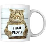 Kedili Kupa Bardak Komik Yazılı I Hate People Hediyelik Kahve Çay Kupası - Beyaz