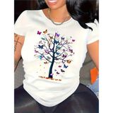 Kelebek Ağacı Baskı Bisiklet Yaka T-Shirt - Beyaz