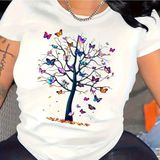 Kelebek Ağacı Baskılı Kadınlar Için T-Shirt - Beyaz
