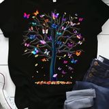 Kelebek Ağacı Baskılı Kadınlar Için T-Shirt - Siyah