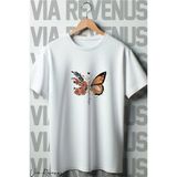 Kelebek Baskılı Oversize Geniş Kalıp Bisiklet Yaka Beyaz Tshirt