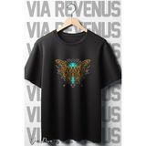 Kelebek Baskılı Oversize Geniş Kalıp Bisiklet Yaka Siyah Tshirt - XL