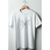 Kelebek Baskılı Oversize Geniş Kalıp Unisex Bisiklet Yaka Beyaz Tshirt - XL
