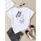 Kelebek Cift Baskılı Beyaz Oversize Unisex T-Shirt Basic Rahat Kalıp Günlük Tshirt