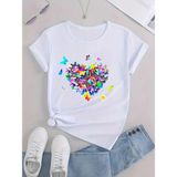 Kelebek Kalp Grafik Rahat Kadın T-Shirts - Beyaz