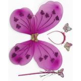Kelebek Kanadı Taç Asa 3lü Set - Fuşya