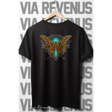 Kelebek Sırt Baskılı Oversize Geniş Kalıp Bisiklet Yaka Siyah Tshirt