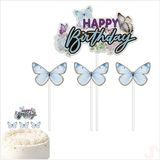 Kelebekli Happy Birthday Pasta Süsü 4’lü Set - Mavi
