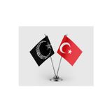 Kelime-i Tevhid Besmele Ayyıldız Siyah ve Türk Bayrağı İkili Saten Masa Bayrağı Takımı