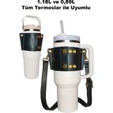 Kelira Termos Taşıma Çantası Askısı Omuz Askılı 1.18 Lt ve 0.89 Lt ile Uyumlu Vegan Deri Ayarlanabilir Ölçü 40OZ 30OZ - Siyah