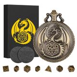 Keller & Weber Mini DND Zar Seti Steampunk Ejderha Cep Saati Kabuk Kılıfı, 7 adet Çok Yüzlü Metal D&D Zar Seti, Hediye Kutusu ile Zindanlar ve Ejderhalar Hediyeleri, Rol Yapma Tahtası Oyunları Aksesuarları, Bronz