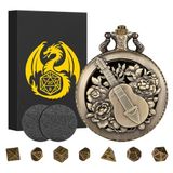 Keller & Weber Mini DND Zar Seti Steampunk İçi Boş Ozan Cep Saati Kabuk Kılıfı, 7 adet Küçük Çok Yüzlü Metal D&D Zar Seti, Hediye Kutusu ile Zindanlar ve Ejderhalar Hediyeleri, Rol Yapma Tahtası Oyunları