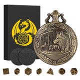 Keller & Weber Mini DND Zar Seti Steampunk Kurt Cep Saati Kabuk Kılıf, 7 adet Çok Yüzlü Metal D&D Zar, Hediye Kutusu ile DND Hediyeleri, Rol Yapma Tahtası Oyunları Aksesuarları