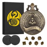 Keller & Weber Mini DND Zar Seti Steampunk Rogue Cep Saati Kabuk Kılıfı, 7 adet Çok Yüzlü Metal D&D Zar Seti, Oyuncu için Hediye Kutusu ile D&D Hediyeleri, Rol Yapma Masa Oyunları Aksesuarları, Bronz