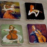 Keman ve Violonsel Çalan Kızlar Doğal Taş Bardak Altlığı 4'lü set - Natural Stone Coasters