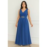Kemeri Taşlı Krep Kolsuz Abiye Elbise 2789 - Indigo - 38
