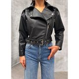 Kemerli Oversize Crop Deri Ceket - Siyah