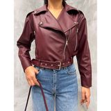 Kemerli Oversize Crop Deri Ceket - XL - Bordo