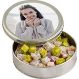 Kendi Fotoğrafınızla Kişiye Özel Hediye Çifte Kavrulmuş Lokum (Metal Yuvarlak Kutu) 300g