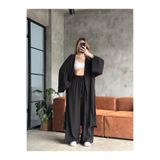 kendii modamm Kadın Salaş Kırışık Dokulu Uzun Kimono Ceket Pantolon Takım – Mevsimlik Oversize Rahat Takım
