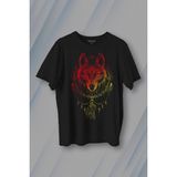 Kendim Seçtim Bozkurt Kurt Kafası Wolf Sarı Kırmızı Baskılı Tişört T-Shirt - Siyah - XS