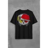 Kendim Seçtim Cat Glasses Gözlüklü Sarı Kırmızı Galatasaray Kırmızı Kedi Sırt Ön Baskılı Oversize Tişört T-Shirt - Siyah