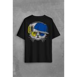 Kendim Seçtim Cat Glasses Gözlüklü Sarı Lacivert Fenerbahçe Kedi Sırt Ön Baskılı Oversize Tişört T-Shirt - Siyah - XL