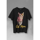 Kendim Seçtim Cat Mom Kedi Mother Annesi Sevimli Masum Rengarenk Kedi Çizim Silüeti Baskılı Tişört T-Shirt - Siyah