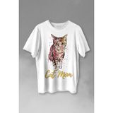Kendim Seçtim Cat Mom Kedi Mother Annesi Sevimli Masum Rengarenk Kedi Çizim Silüeti Baskılı Tişört Unisex T-Shirt - Beyaz - XS