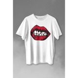 Kendim Seçtim Dudaklar Piercing Kadın Ağzı Baskılı Tişört T-Shirt Beyaz - 63A-Beyaz