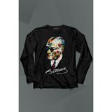 Kendim Seçtim Karizma Gözlüklü Gazi Mustafa Kemal Atatürk Portresi Uzun Kollu Tişört Baskılı T-Shirt - 001-Siyah - XS