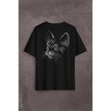 Kendim Seçtim Kedi Silüeti Black Cat Çizim Sırt Ön Baskılı Oversize Tişört T-Shirt - Siyah