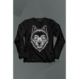 Kendim Seçtim Kırmızı Gözlü Vahşi Kurt Kafası Wolf Head Bozkurt Uzun Kollu Tişört Baskılı T-Shirt - 001-Siyah - XL