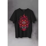 Kendim Seçtim Lion Fire Head Aslan Japan Maske Baskılı Tişört T-Shirt - Siyah