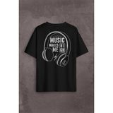 Kendim Seçtim Lost Boyz Music Makes Me High Kulaklık Sırt Ön Baskılı Oversize Tişört T-Shirt - Siyah