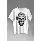 Kendim Seçtim Müzik Dinleyen Bereli Kuru Kafa Kulaklık Bere Skull Listen Music Baskılı Tişört T-Shirt Beyaz - 63A-Beyaz