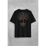 Kendim Seçtim Nature Hayat Ağacı Kuru Ağaç Kökü Sırt Ön Baskılı Oversize Tişört T-Shirt - Siyah