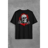 Kendim Seçtim Powell Peralta Skull Kuru Kafa Skeleton Mavi Göz Sırt Ön Baskılı Oversize Tişört T-Shirt - Siyah - 2XL