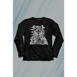 Kendim Seçtim Ride To Wild Wolf And Motorcycle Kurt ve Motor Outdoor Uzun Kollu Tişört Baskılı T-Shirt - 001-Siyah - XL