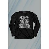Kendim Seçtim Ride To Wild Wolf And Motorcycle Kurt ve Motor Outdoor Uzun Kollu Tişört Baskılı T-Shirt - 001-Siyah