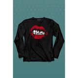 Kendim Seçtim Seksi Dudaklar Sexy Piercing Kadın Ağzı Uzun Kollu Tişört Baskılı T-Shirt - 001-Siyah - 2XL