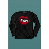 Kendim Seçtim Seksi Dudaklar Sexy Piercing Kadın Ağzı Uzun Kollu Tişört Baskılı T-Shirt - 001-Siyah