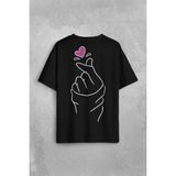Kendim Seçtim Seni Seviyorum Kore El Işareti Minimal Sırt Ön Baskılı Oversize Tişört Unisex T-Shirt - Siyah - XL