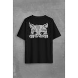 Kendim Seçtim Sevimli Kedi Minik Patili Bıyıklı Cat Minnoş Sırt Ön Baskılı Oversize Tişört T-Shirt - Siyah