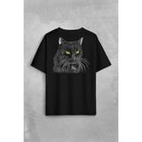 Kendim Seçtim Siyah Kedi Yeşil Gözlü Black Cat Çizim Sırt Ön Baskılı Oversize Tişört T-Shirt - 2XL