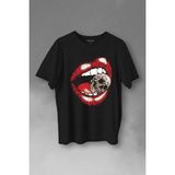 Kendim Seçtim Skull Kuru Kafa Wampir Dudak Kadın Dudağı Baskılı Tişört T-Shirt - Siyah
