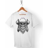 Kendim Seçtim T01B3385 Beyaz Cowboy Skull Hold Guns Outlaw Kovboy Kuru Kafa Erkek T-shirt